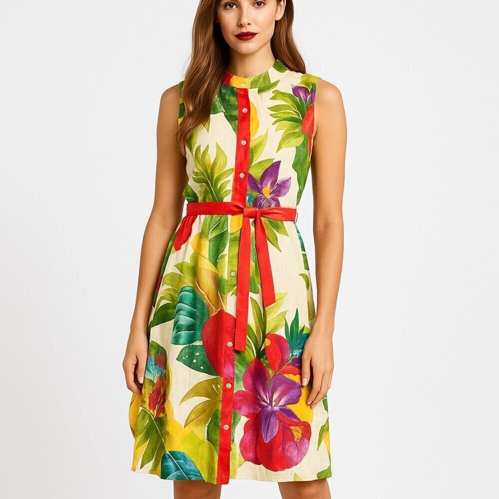 Allegra Masetti Tropical Print Linen Shirt Dress Midi NWOT